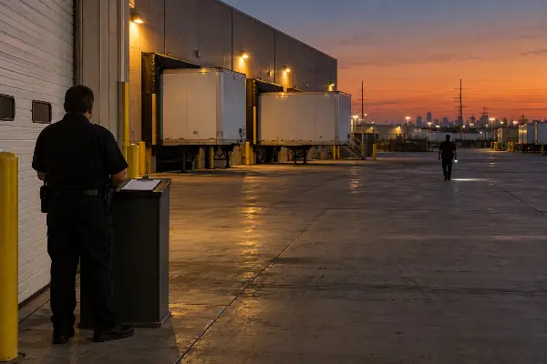 Static guard at a warehouse dock post while a roving guard walks the far end of the dock at dusk