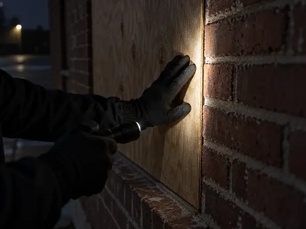 Officer checking a boarded window during a vacant building security round