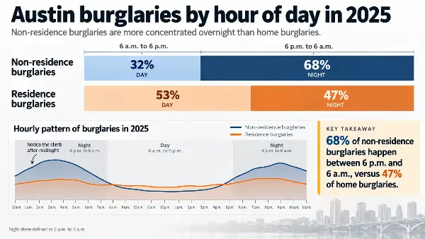 Chart for roving guard scheduling: 68% of Austin non-residence burglaries in 2025 fell between 6 p.m. and 6 a.m.
