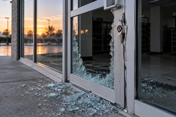 Shattered glass door at a retail store found at opening, a sign to stay outside and call 911