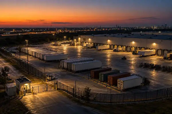 Aerial view of a fenced distribution yard at dusk with 1 lit static guard post and a long dark perimeter