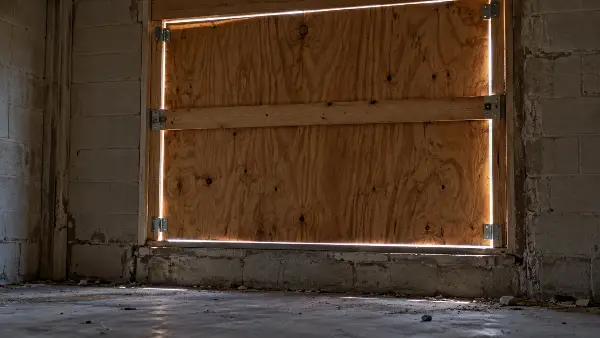 Plywood barricade fastened from inside a window opening of a vacant Houston building