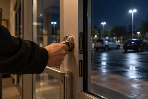 Employee locking the front door at closing time, step 2 of a retail store closing checklist