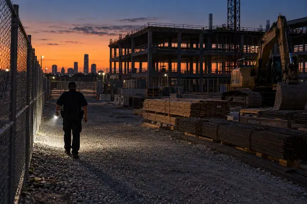 Roving guard starting rounds along the fence line of an empty Houston construction site at dusk