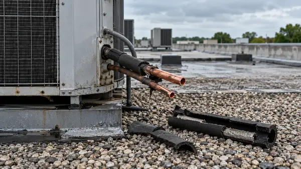 Cut copper refrigerant lines on a rooftop HVAC unit at a vacant building