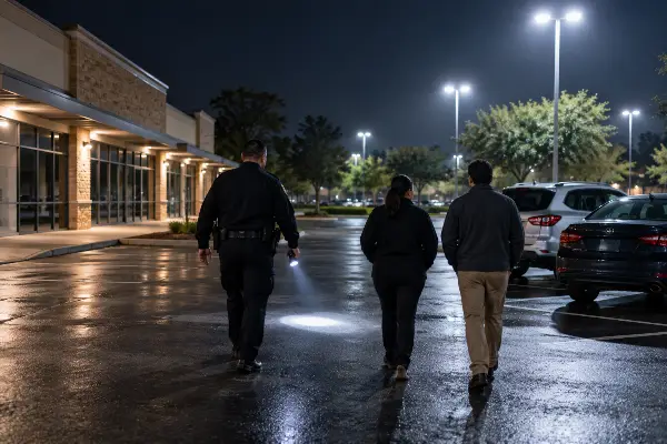 Security officer walking retail closing staff to their cars in a well-lit Houston parking lot