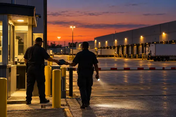 Static gate post handing off to a roving guard at a distribution center gate at dusk