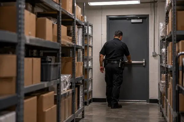 Security officer checking a stockroom back door during a retail store closing shift in Houston