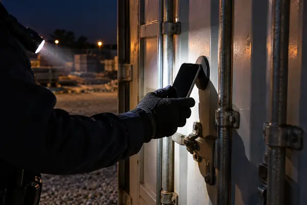 Roving guard scanning a guard tour checkpoint on a job site storage container at night