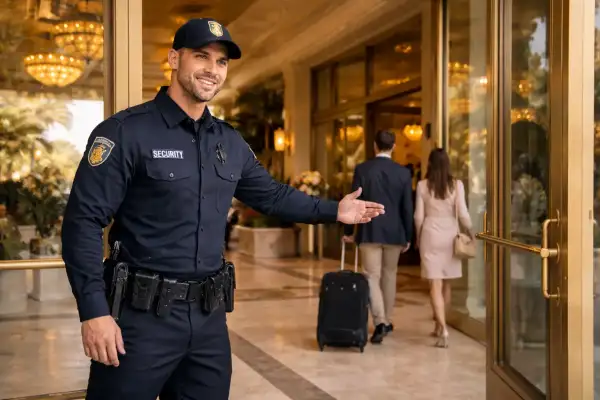 Hotel security guard welcoming guests