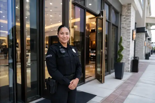 a security guard on a shopping mall entrance in Sugar Land, TX